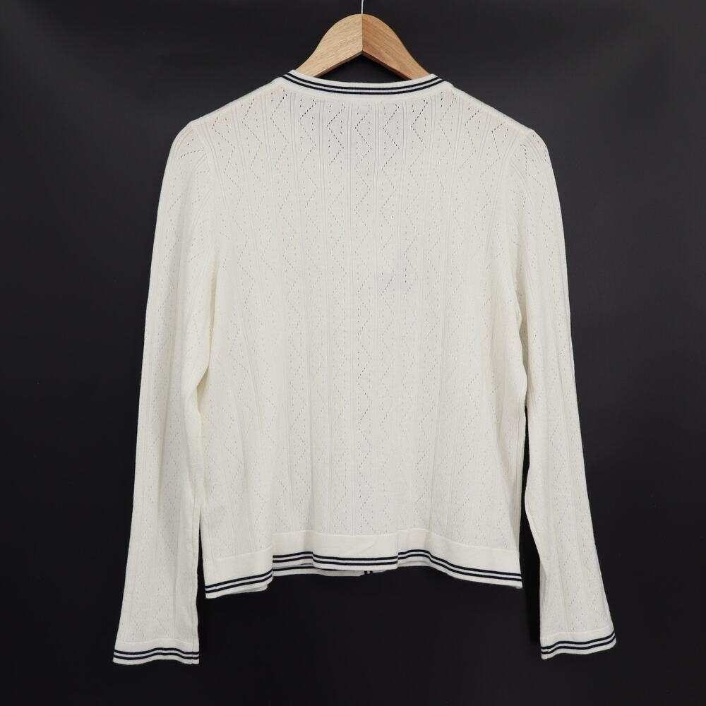 Adrianna Papell NWT Pointelle Sz L Tipped Contrast Knit Cardigan Gold Buttons - Picture 2 of 11